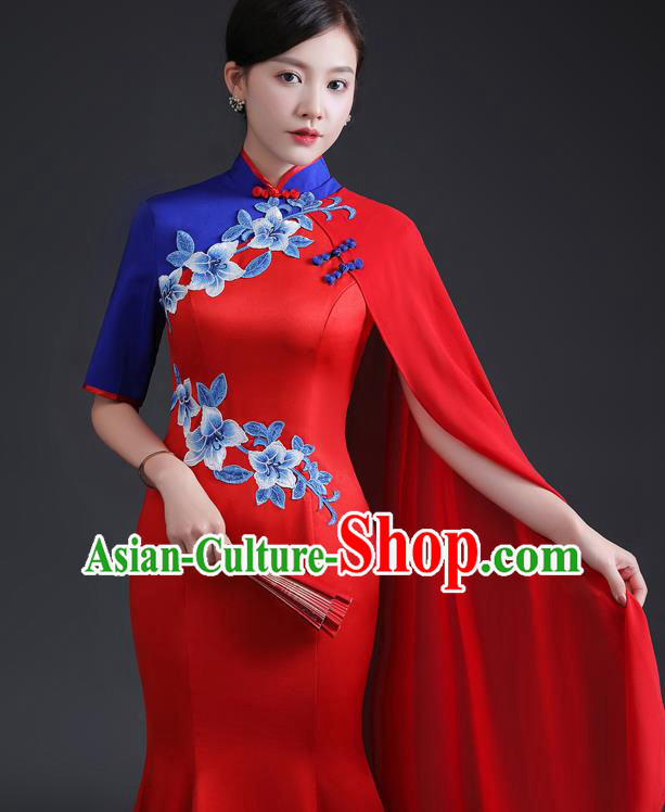 Chinese Traditional Red Dress Compere Full Dress Embroidered Qipao Clothing Modern Cheongsam