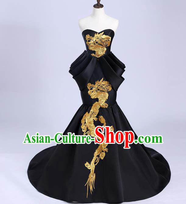 China Compere Embroidery Dragon Dress Professional Catwalks Black Full Dress New Year Formal Garment