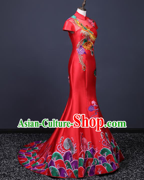 China Professional Catwalks Embroidery Phoenix Full Dress New Year Formal Costume Compere Red Trailing Dress