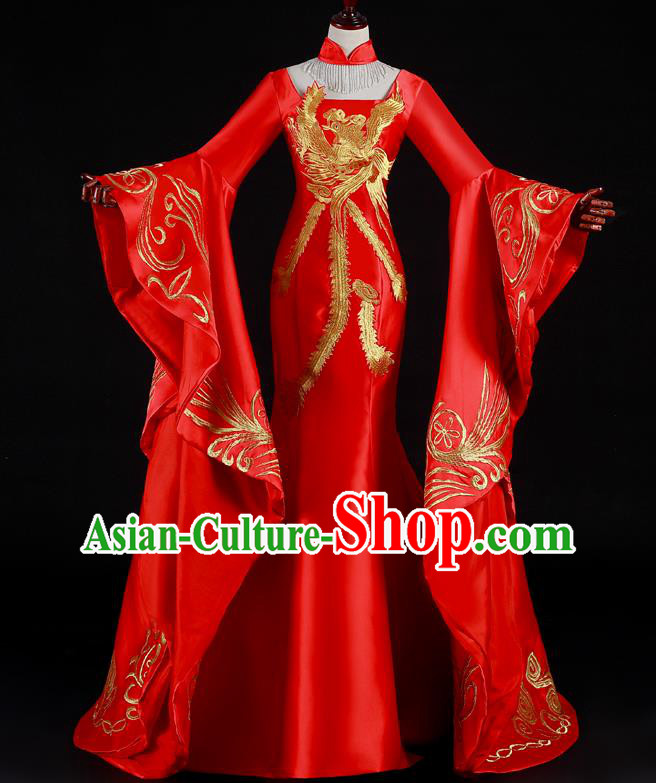 China New Year Formal Costume Compere Red Water Sleeve Dress Professional Catwalks Embroidery Phoenix Full Dress