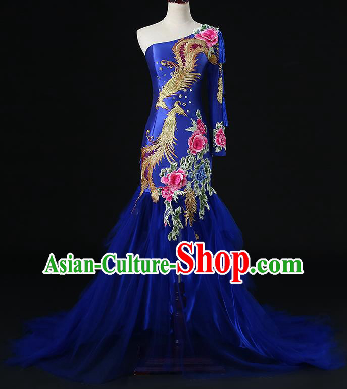 China Compere Royal Blue Dress Professional Catwalks Embroidery Phoenix Peony Full Dress New Year One Shoulder Formal Costume