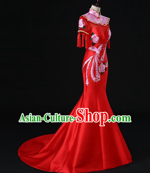 China New Year Red Formal Costume Compere Qipao Dress Professional Catwalks Embroidery Phoenix Peony Full Dress