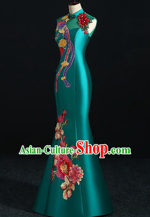 China Professional Catwalks Embroidery Peach Blossom Full Dress New Year Formal Costume Compere Deep Green Qipao Dress