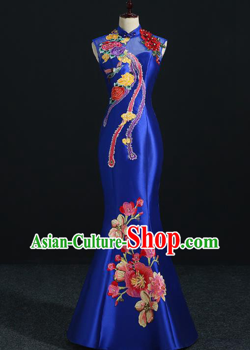 China Compere Royal Blue Qipao Dress Professional Catwalks Embroidery Peach Blossom Full Dress New Year Formal Costume