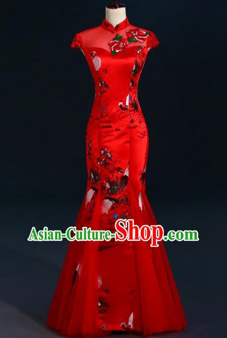 China New Year Formal Costume Compere Red Qipao Dress Professional Catwalks Full Dress Wedding Red Fishtail Dress
