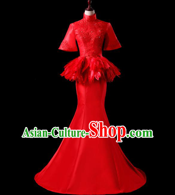 China Compere Red Feather Dress Professional Catwalks Full Dress New Year Formal Costume