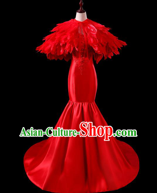 China Professional Catwalks Full Dress New Year Formal Costume Compere Red Feather Cappa Dress