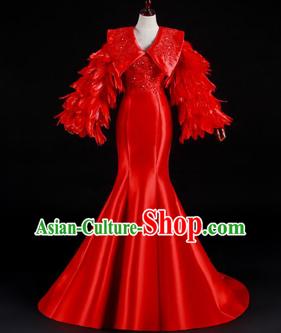 China New Year Formal Costume Compere Red Feather Sleeves Dress Professional Catwalks Full Dress