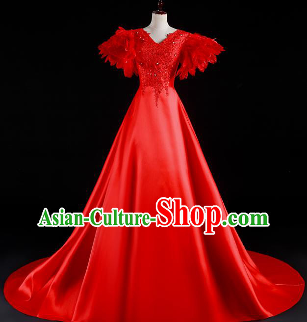 China Professional Catwalks Full Dress New Year Formal Costume Compere Red Feather Trailing Dress