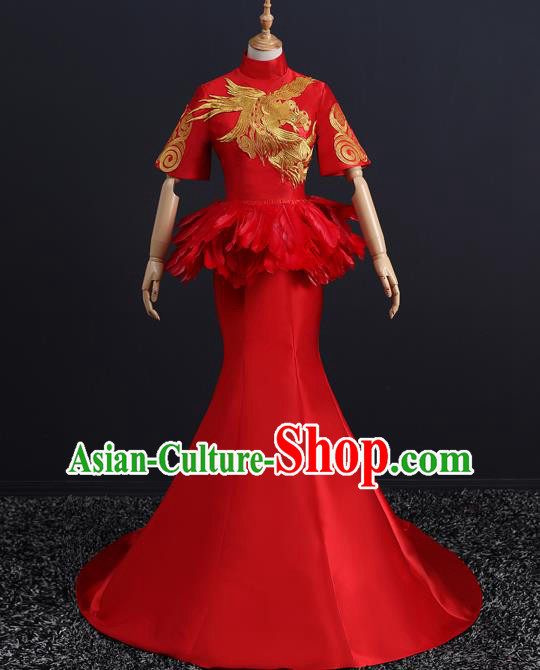 China Compere Red Feather Dress Professional Catwalks Embroidery Phoenix Full Dress New Year Formal Costume