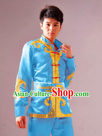 Traditional Chinese Drum Dancing Costume Dragon Dance Clothing Folk Dance Yangko Blue Uniform for Women for Men