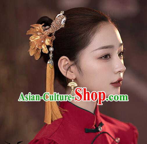 Handmade Chinese Wedding Headpiece Golden Carp Tassel Hair Jewelries Ancient Style Hairpins