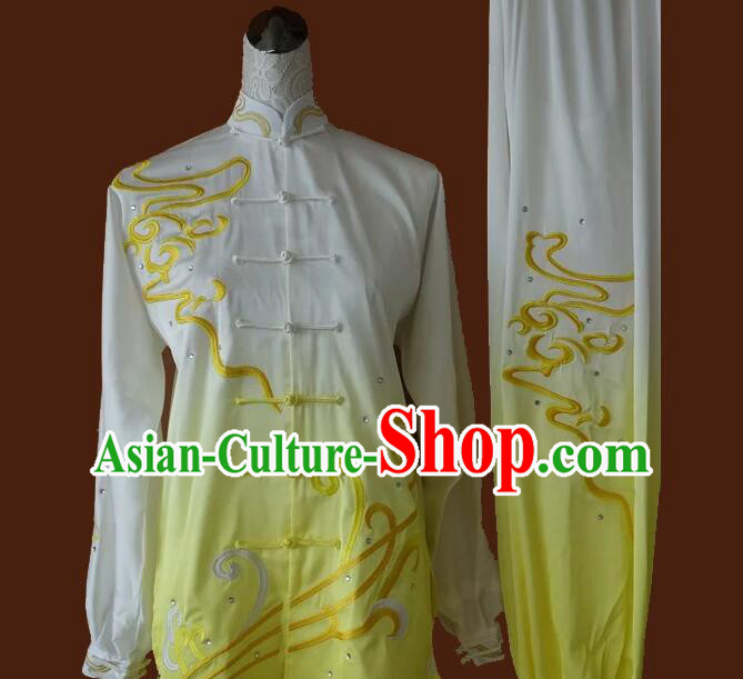 Top Tai Ji Competition Gradient White to Yellow Uniform Embroidered Clouds Tai Chi Championship Costumes Martial Arts Qi Gong Clothing