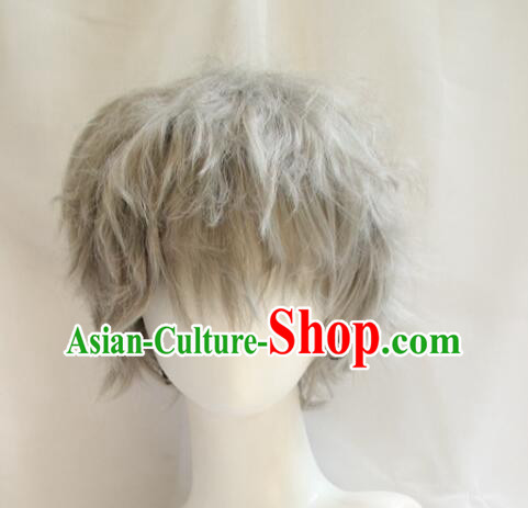 Top Short Wig Men Headwear Cosplay Swordsman Grey Wig Handmade