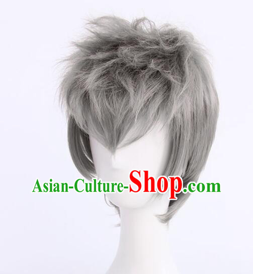 Top Men Head Gear Cosplay Grey Wig Handmade Short Wig