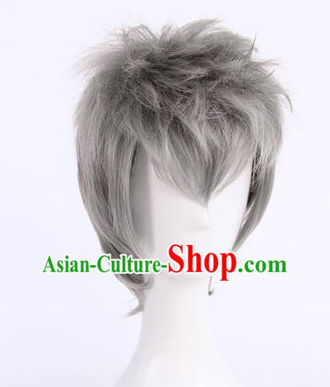 Top Men Head Gear Cosplay Grey Wig Handmade Short Wig