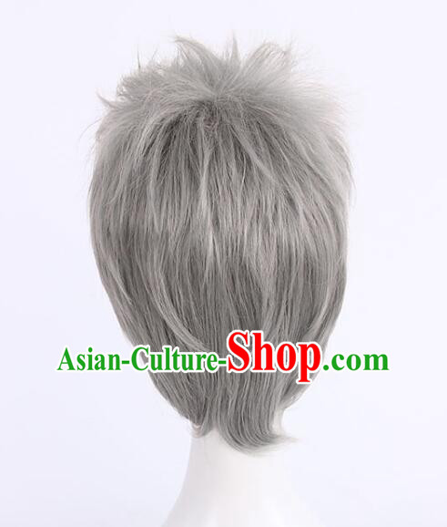 Top Men Head Gear Cosplay Grey Wig Handmade Short Wig