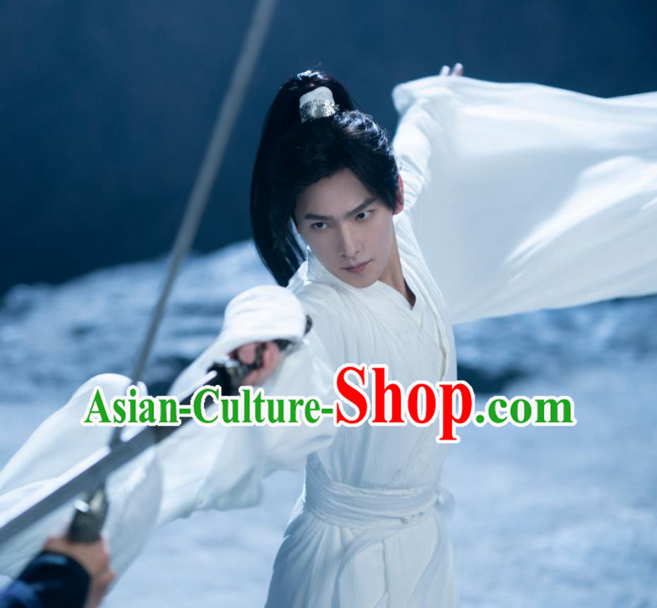 Chinese Ancient Young Hero White Garments Qie Shi Tian Xia Feng Lan Xi Replica Costume Wuxia TV Series Swordsman Clothing