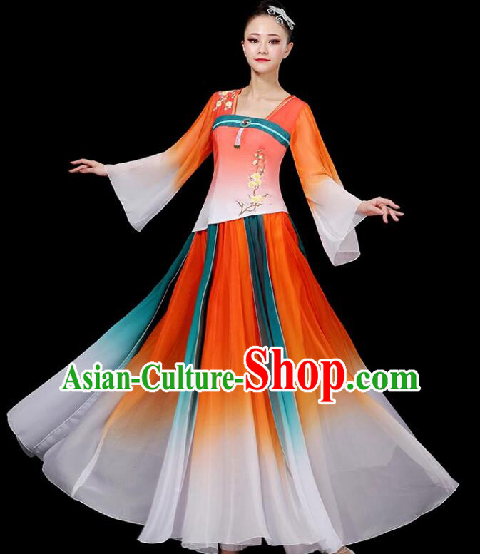 Chinese Classical Dance Clothing Ancient Fairy Dance Garment Costumes Umbrella Dance Gradient Orange Dress