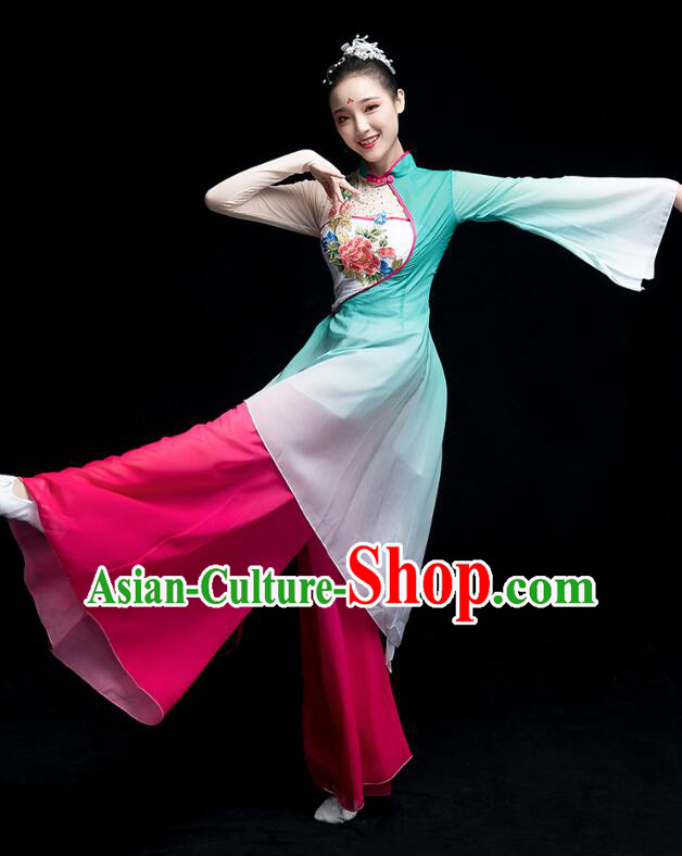 Chinese Fan Dance Garment Costumes Umbrella Dance Gradient Magenta Green Dress Classical Dance Clothing