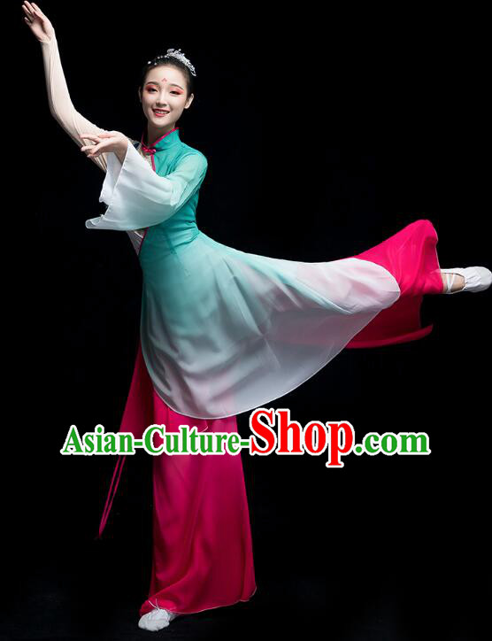 Chinese Fan Dance Garment Costumes Umbrella Dance Gradient Magenta Green Dress Classical Dance Clothing