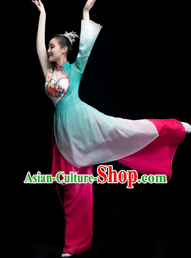 Chinese Fan Dance Garment Costumes Umbrella Dance Gradient Magenta Green Dress Classical Dance Clothing