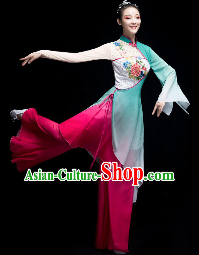 Chinese Fan Dance Garment Costumes Umbrella Dance Gradient Magenta Green Dress Classical Dance Clothing
