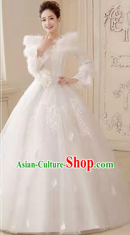 Top Handmade Winter Wedding Garment Bride White Wedding Dress Long Sleeve Full Dress