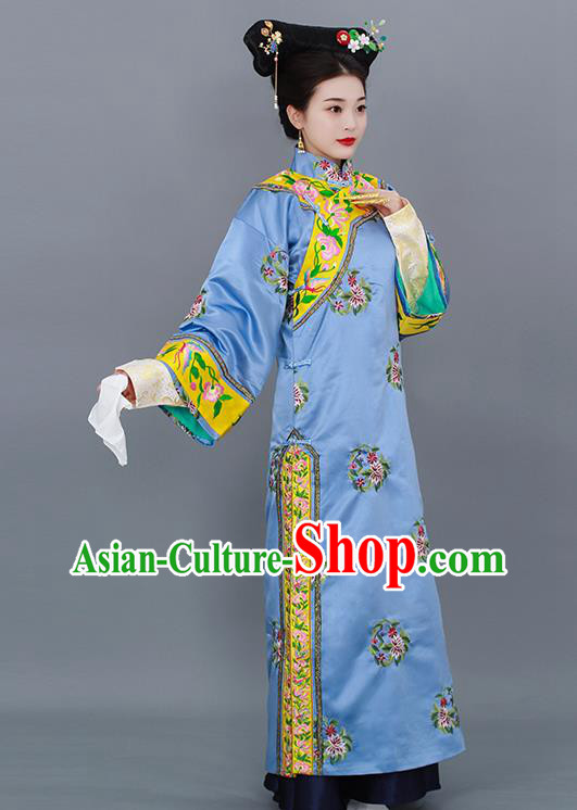 Chinese Qing Dynasty Manchu Lady Costume Ancient Imperial Consort Clothing Court Empress Blue Dress