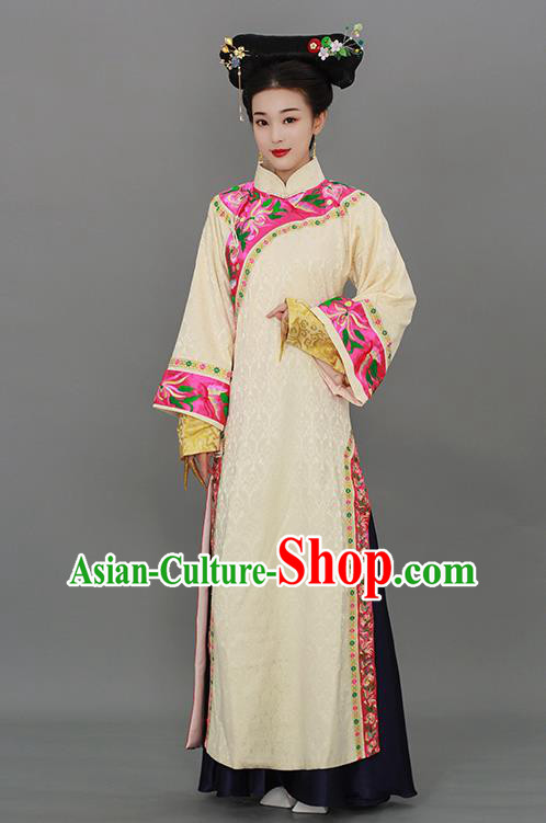 Chinese Court Empress Beige Dress Qing Dynasty Manchu Lady Costume Ancient Imperial Consort Clothing