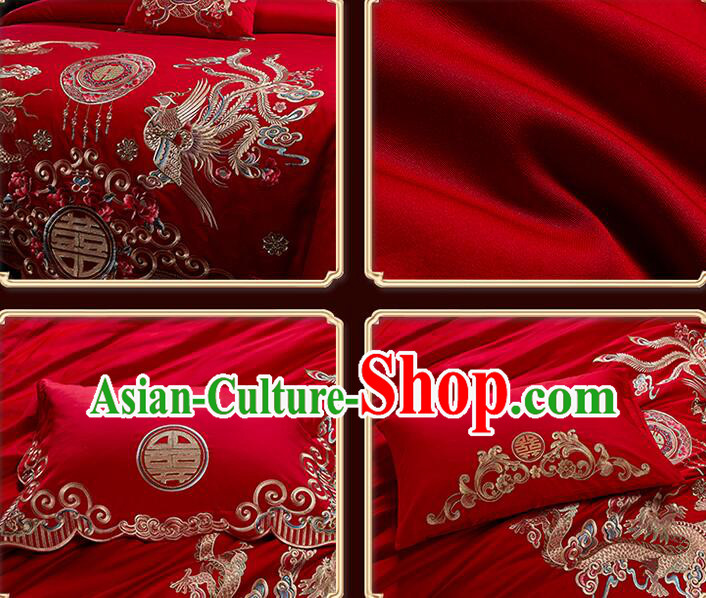 Top Cotton Bedding Items Chinese Wedding Bedclothes Embroidery Dragon and Phoenix Four Pieces Set