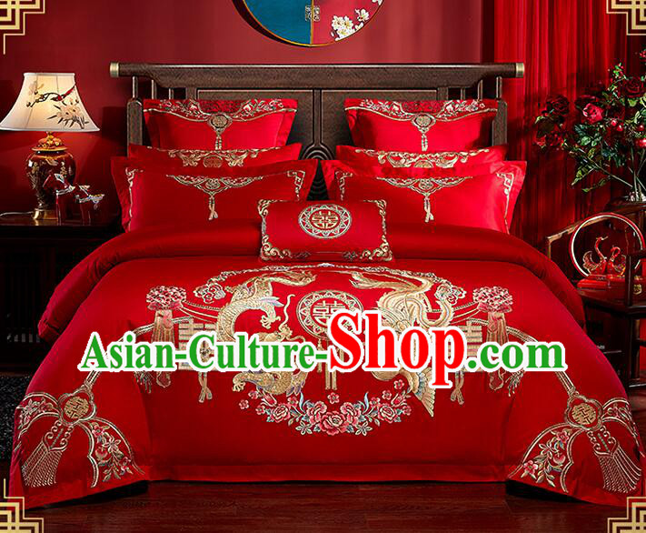 Top Embroidery Dragon and Phoenix Four Pieces Set Cotton Bedding Items Chinese Wedding Bedclothes