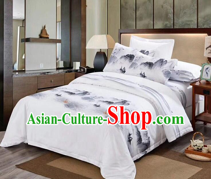 Chinese Ink Painting White Four Pieces Bedding Items Set Top Cotton Bedclothes