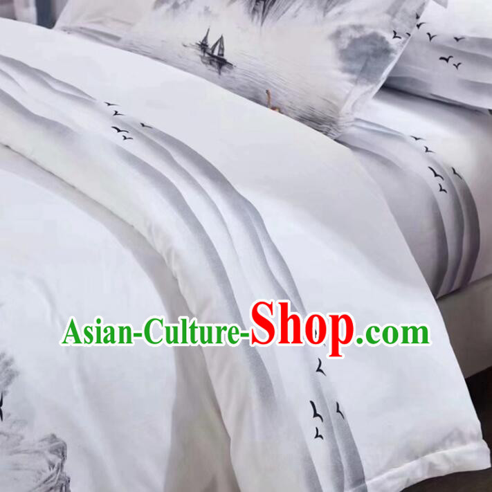 Chinese Ink Painting White Four Pieces Bedding Items Set Top Cotton Bedclothes
