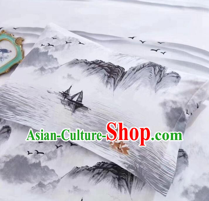 Chinese Ink Painting White Four Pieces Bedding Items Set Top Cotton Bedclothes