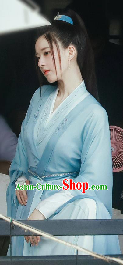 Chinese TV Series Qie Shi Tian Xia Bai Feng Xi Garment Costumes Ancient Female Knight Clothing Swordswoman Blue Dress