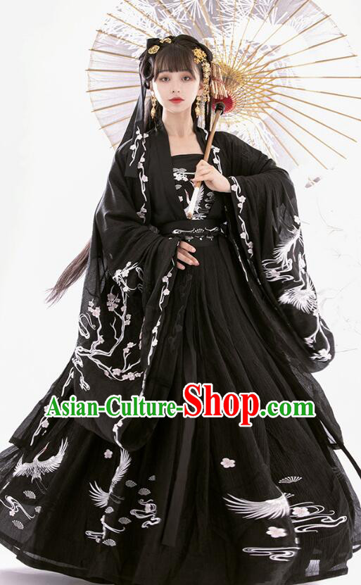 Chinese Tang Dynasty Embroidered Ruqun Black Dresses Traditional Garment Costumes Ancient Princess Hanfu Clothing