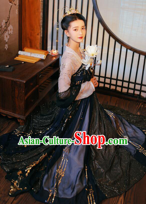 Chinese Ancient Princess Hanfu Clothing Tang Dynasty Ruqun Black Dresses Traditional Garment Costumes