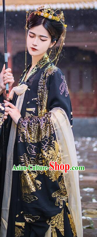 Chinese Ancient Fairy Garment Costumes Tang Dynasty Princess Black Ruqun Dresses Traditional Hanfu Clothing