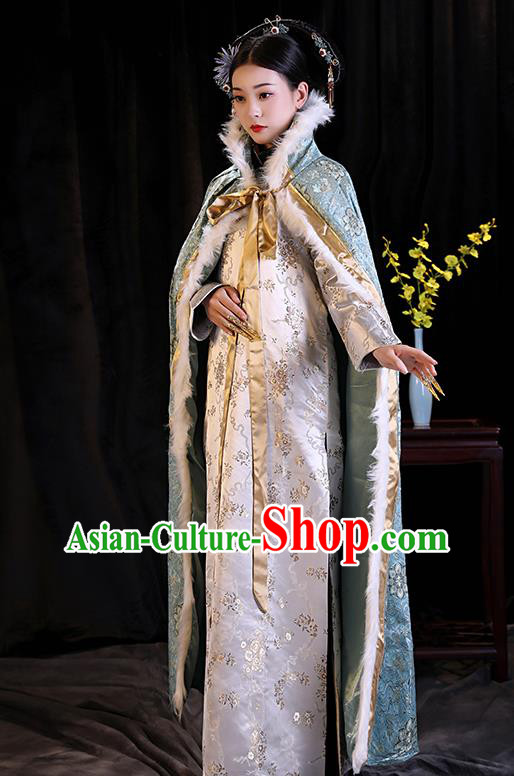 Chinese Winter Blue Cloak Qing Dynasty Court Empress Costume Ancient Imperial Consort Cape Clothing