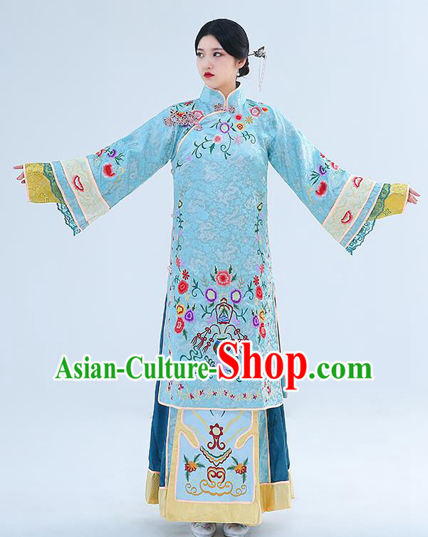 Chinese Late Qing Dynasty Young Mistress Garment Costumes Ancient Young Woman Clothing Traditional Blue Dress