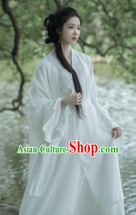 Chinese Traditional Hanfu Dress Jin Dynasty Young Lady Garment Costume Ancient Goddess White Clothing