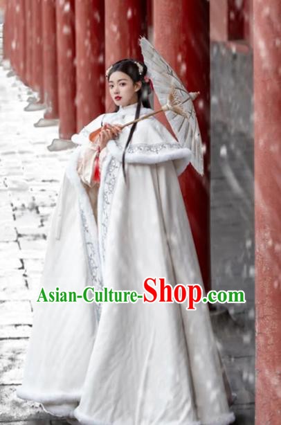 Chinese Ancient Princess Clothing Traditional Winter White Mantle Ming Dynasty Young Lady Embroidered Cloak