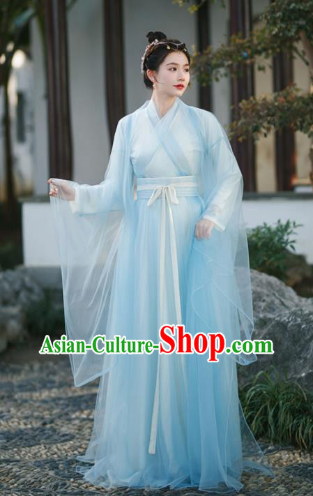 Chinese Ancient Peri Clothing Traditional Blue Hanfu Dress Ming Dynasty Princess Garment Costumes