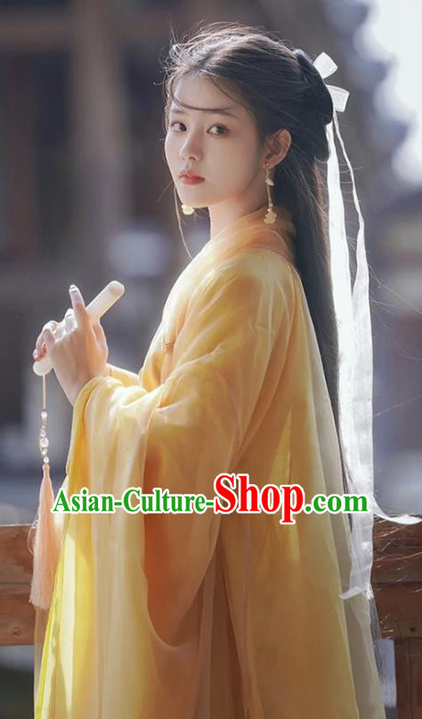 Chinese Jin Dynasty Princess Garment Costumes Ancient Swordswoman Clothing Traditional Yellow Hanfu Dress