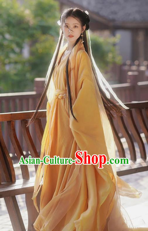 Chinese Jin Dynasty Princess Garment Costumes Ancient Swordswoman Clothing Traditional Yellow Hanfu Dress