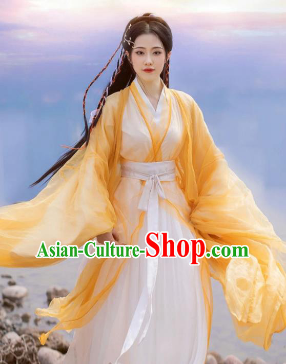 Chinese Traditional Yellow Hanfu Dress Jin Dynasty Swordsman Garment Costumes Ancient Goddess Clothing