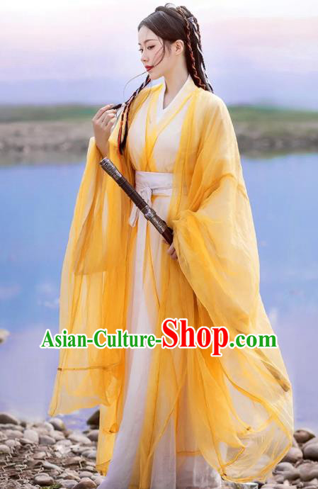 Chinese Traditional Yellow Hanfu Dress Jin Dynasty Swordsman Garment Costumes Ancient Goddess Clothing