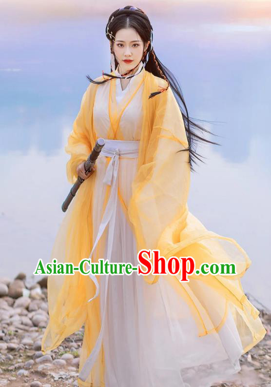 Chinese Traditional Yellow Hanfu Dress Jin Dynasty Swordsman Garment Costumes Ancient Goddess Clothing