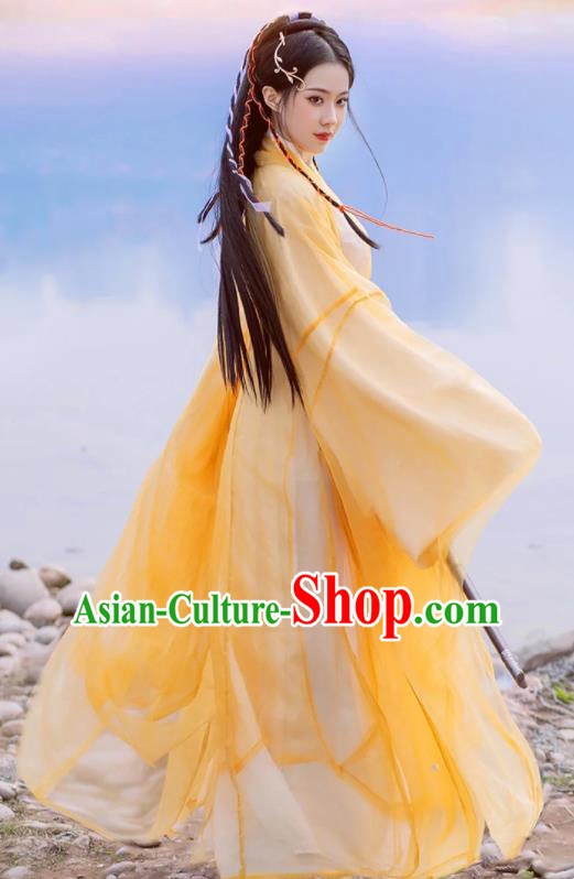Chinese Traditional Yellow Hanfu Dress Jin Dynasty Swordsman Garment Costumes Ancient Goddess Clothing